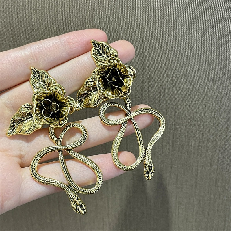 Snake And Rose Big Statement Earrings
