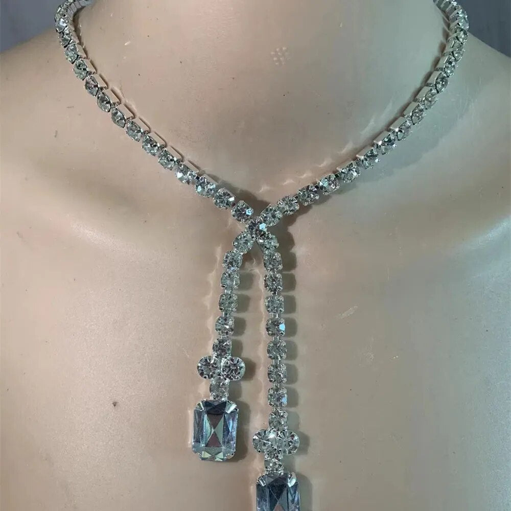 Rhinestone Tassel Tennis Chain Choker Necklace