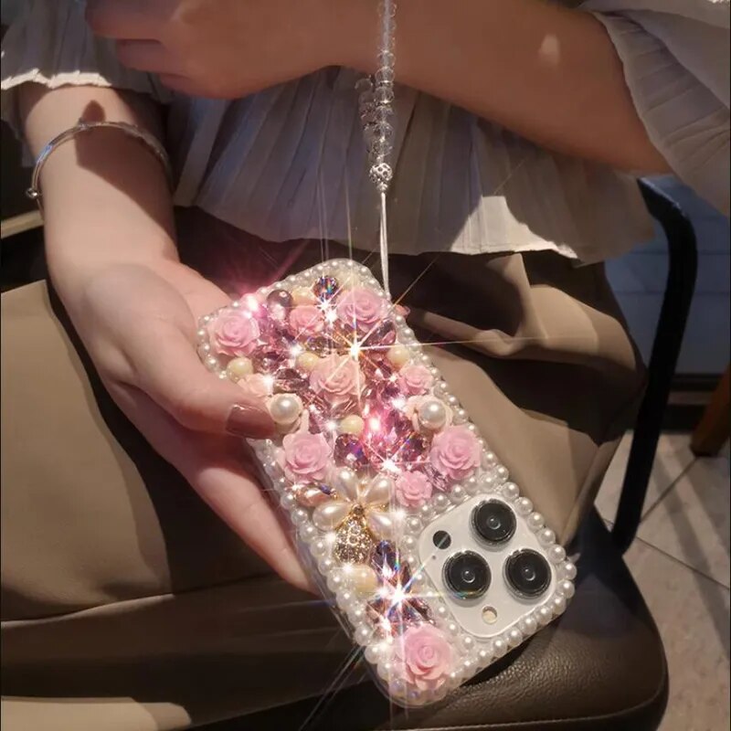 Premium Rhinestone Pearl Flower iPhone case