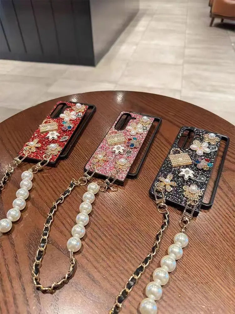 Hand bag pattern Rhinestone Z fold Case