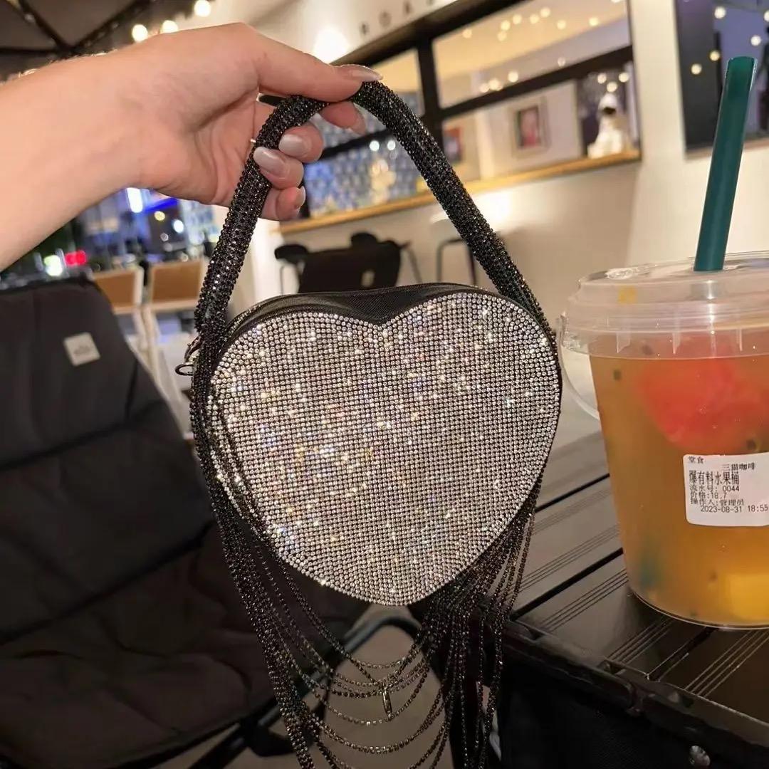Rhinestone Heart Tassel Clutch