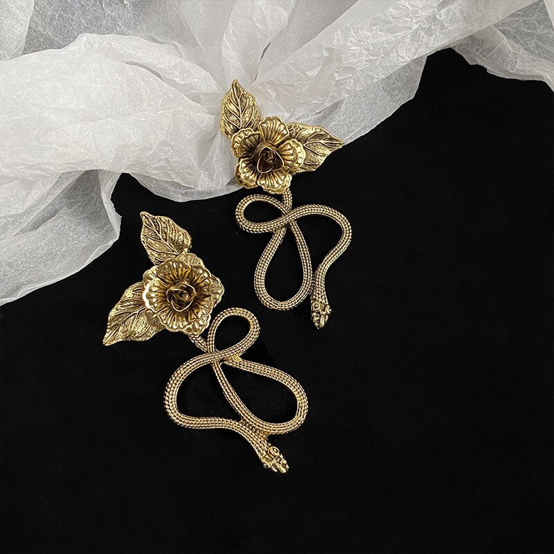Snake And Rose Big Statement Earrings
