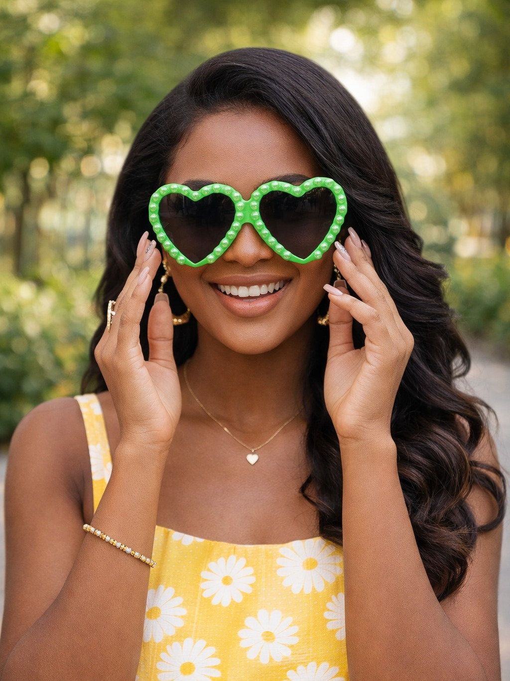 Woman wearing heart-shaped sunglasses with green frames 