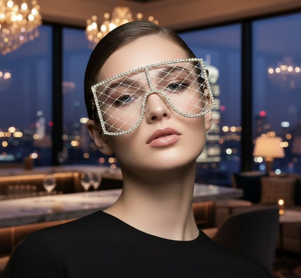 Woman wearing large, ornate sunglasses in a luxurious 