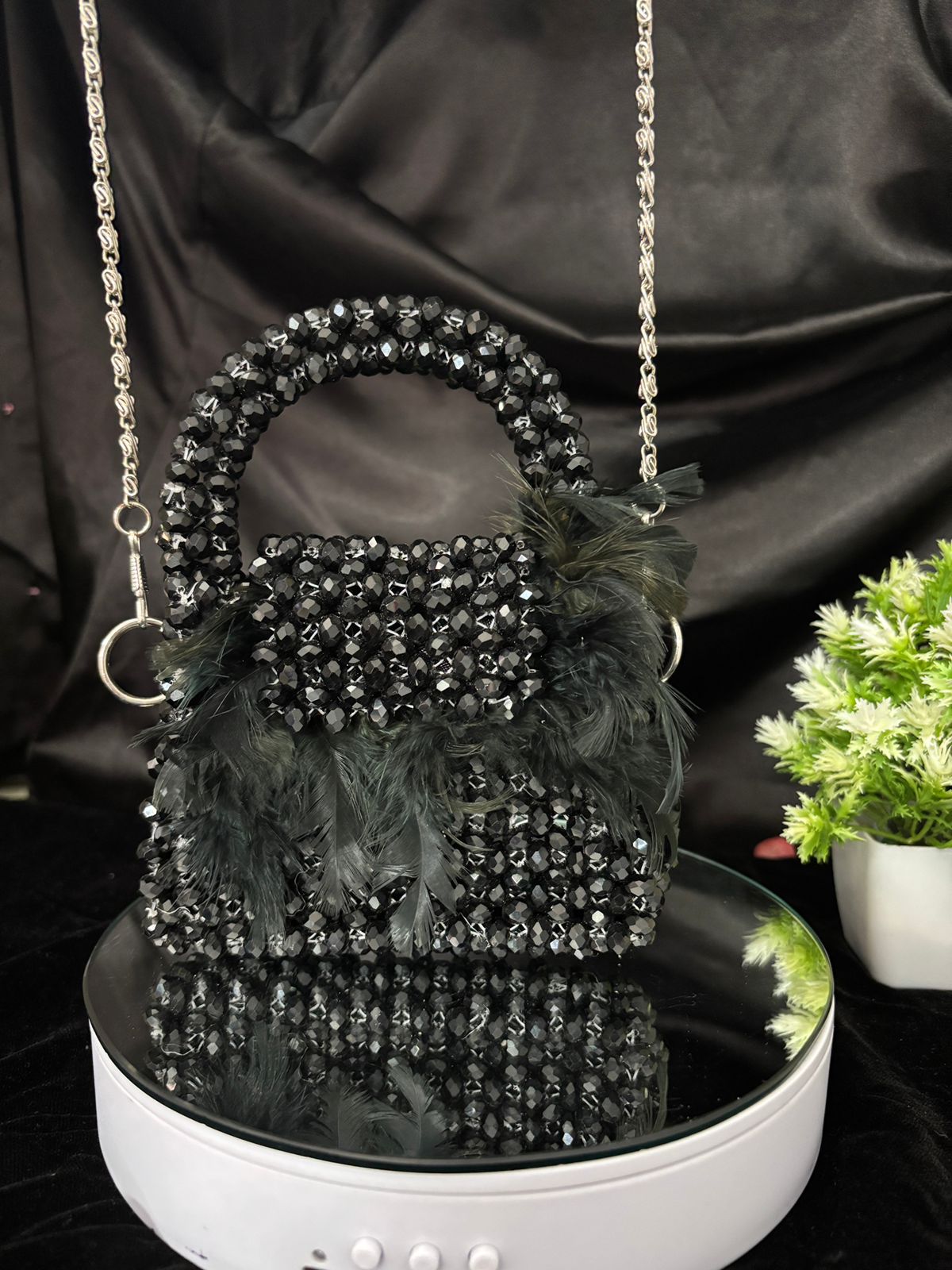 Furry Black Beads Mini Handbag