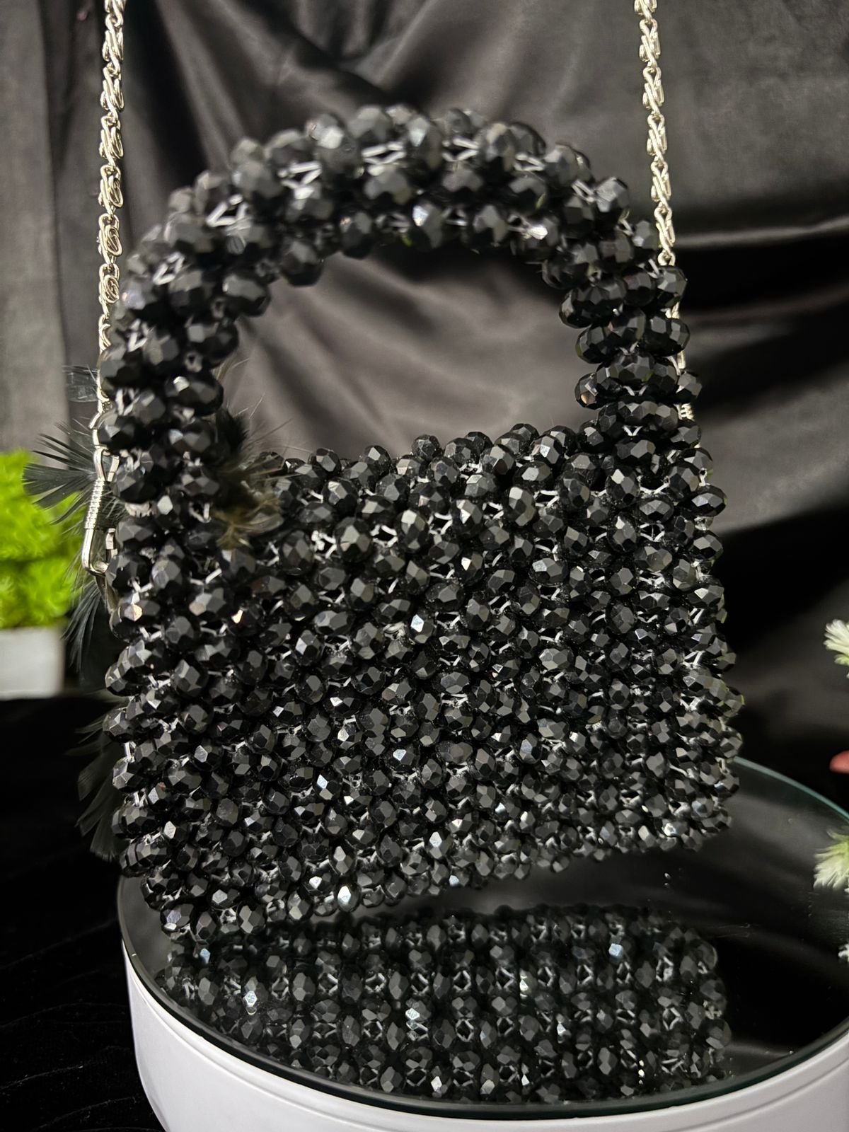 Furry Black Beads Mini Handbag