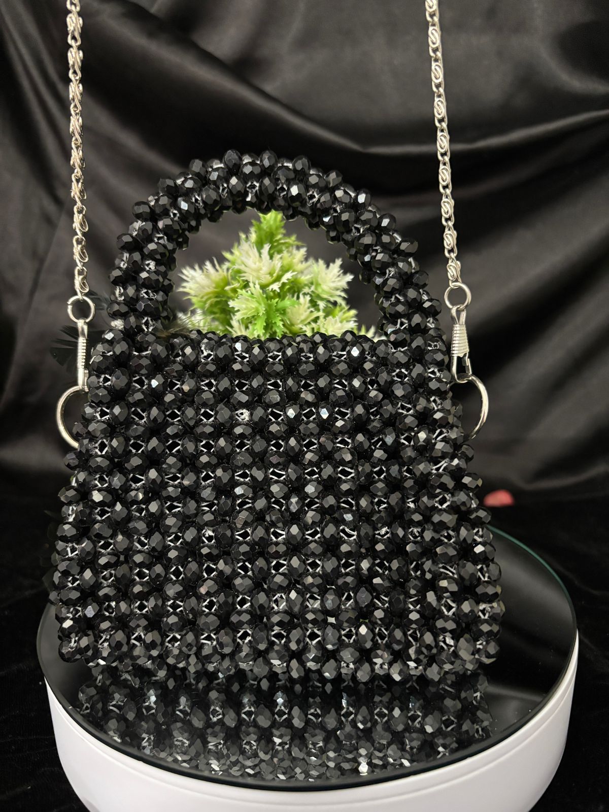 Furry Black Beads Mini Handbag