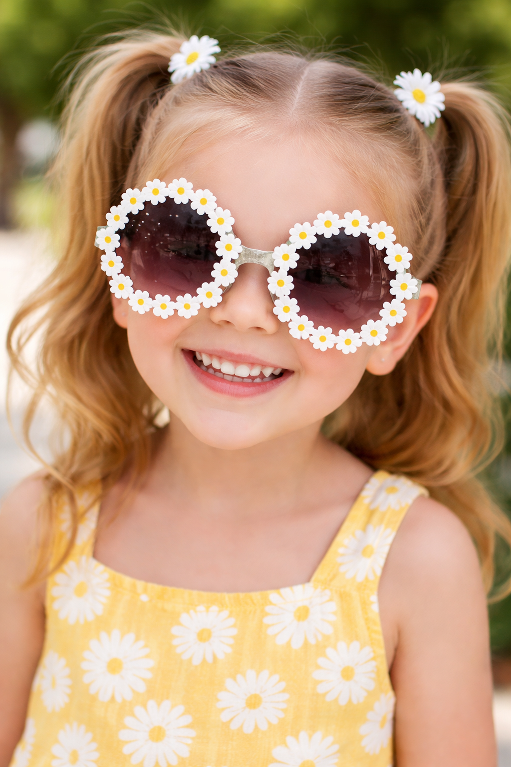 Child wearing sunglasses with daisy frames and a yellow dress 