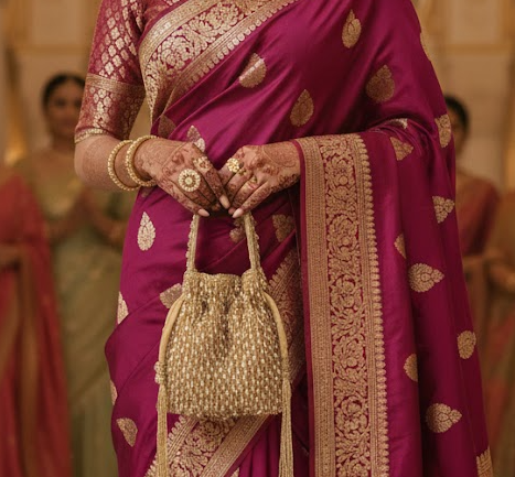 Woman in a traditional maroon saree with gold patterns