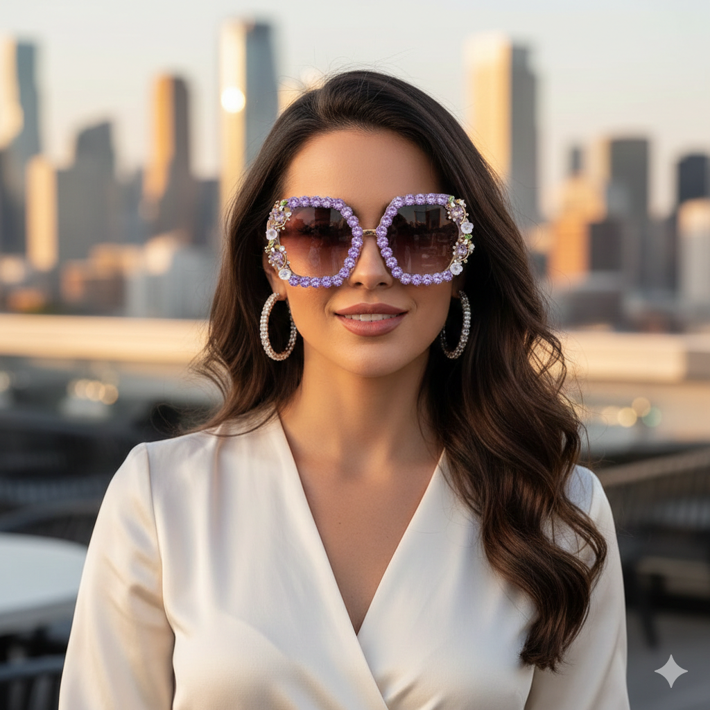 Woman wearing large, decorative sunglasses 