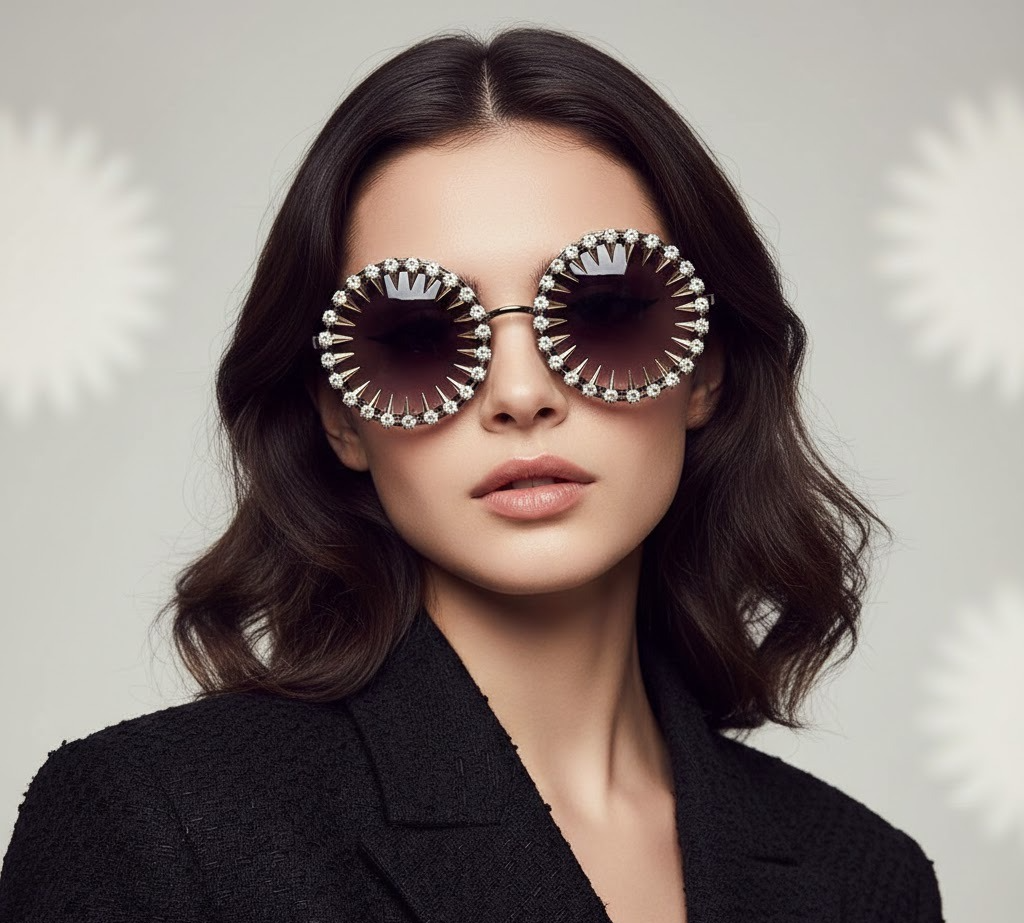 Woman wearing a unique sunglasses with decorative elements on a neutral 