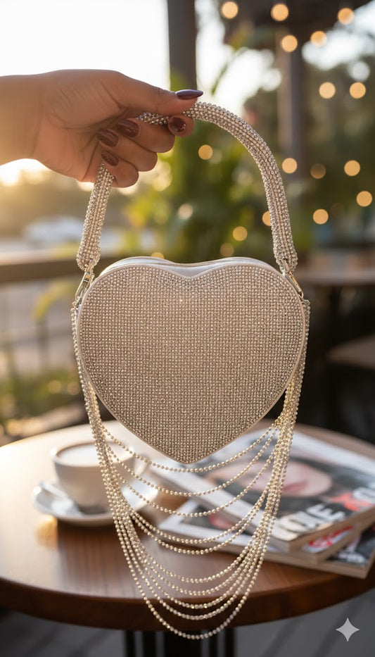 Rhinestone Heart Tassel Clutch