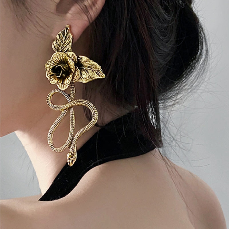 Snake And Rose Big Statement Earrings